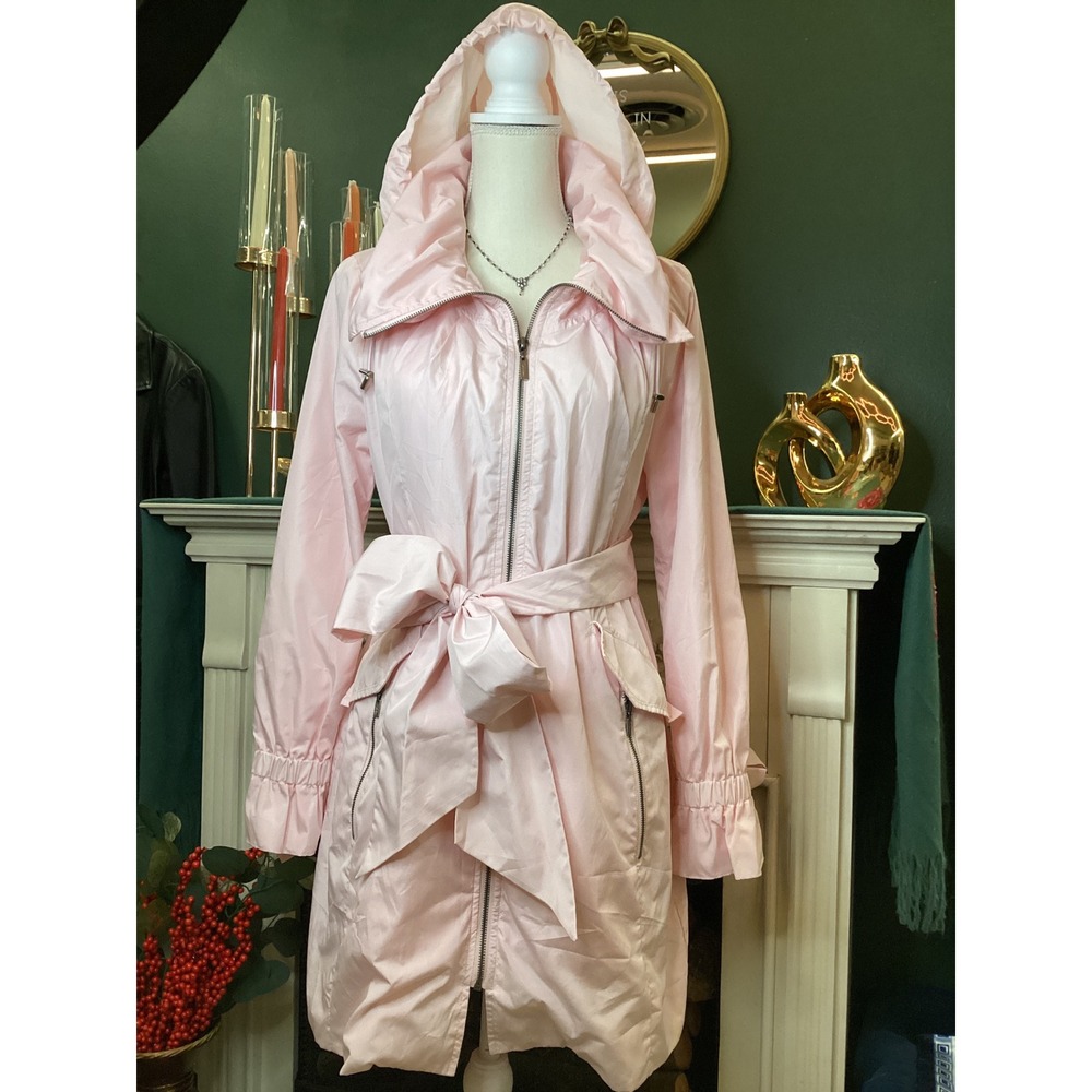 Cole Haan Baby Pink Rain Coat SZ Medium Bow Cuff‎ Belted Jacket